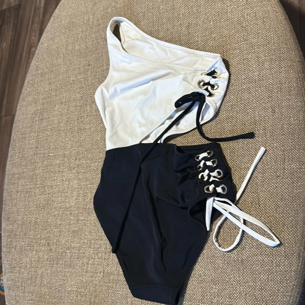 OYE swimwear Kim lace-up one piece black & white designer swimsuit ties small